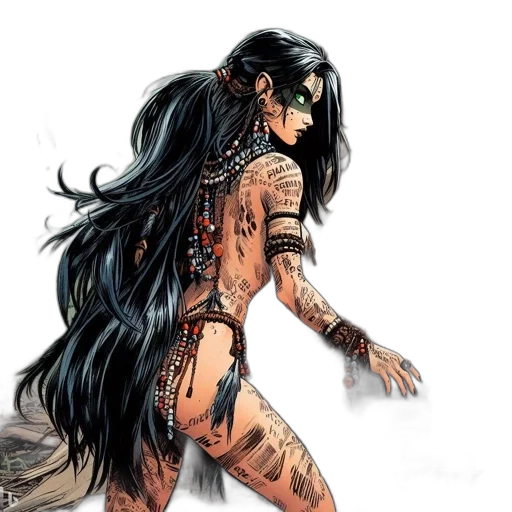 comic book art, fantasy art, concept art, watercolor, indigenous, woman, beaded, black transparent PNG cut-out