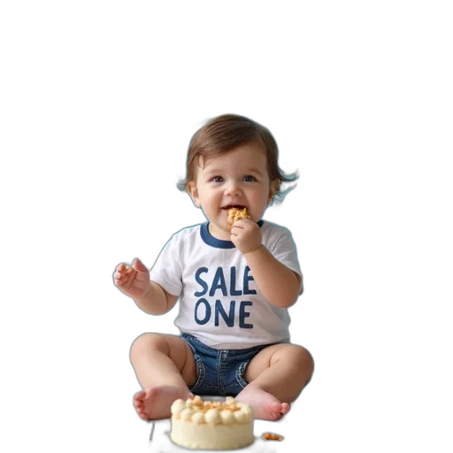 food, photorealistic, toddler, sitting, floor, piece, cake, front transparent PNG cut-out