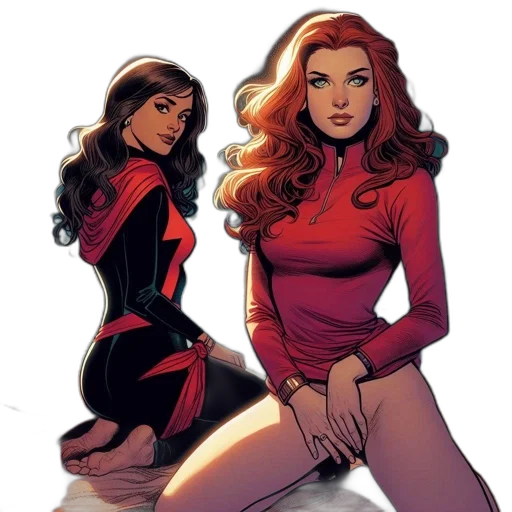 comic book art, concept art, red, two, women, sit, opposite, sides transparent PNG cut-out