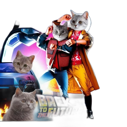car, jacket, concept art, outer space, fire, three, cats, faces transparent PNG cut-out