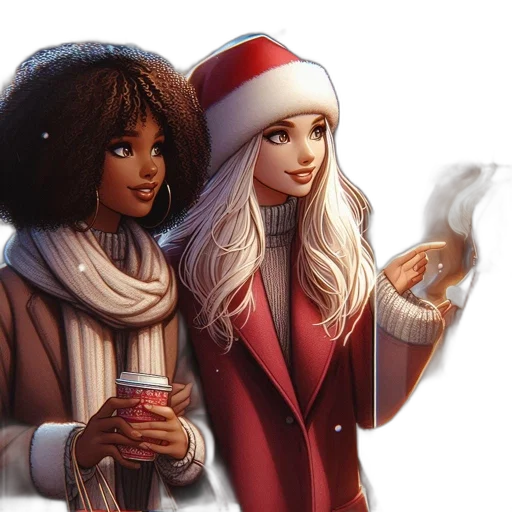 concept art, fantasy art, comic book art, photorealistic, snow, two, women, winter transparent PNG cut-out