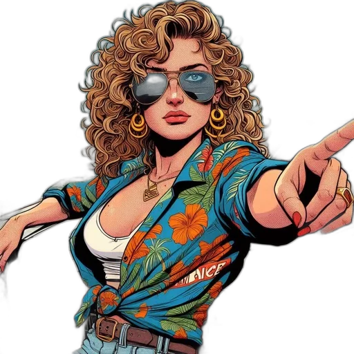 jacket, comic book art, cartoon, photorealistic, concept art, woman, curly, blonde transparent PNG cut-out
