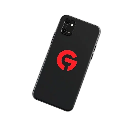 3d render, black, smartphone, red, logo, back, lying, white transparent PNG cut-out