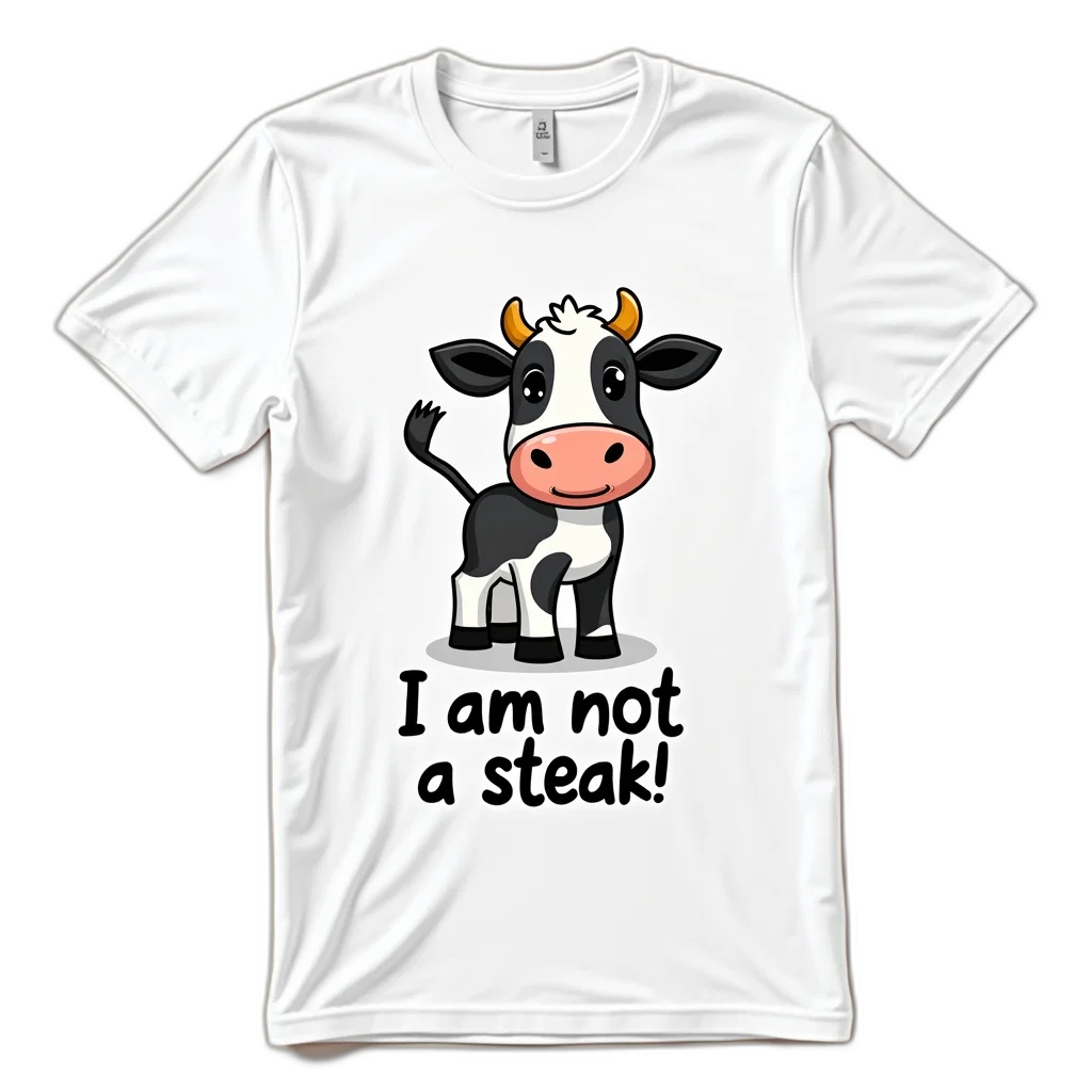 animal, white, t-shirt, cartoon, cow, graphic, phrase, not transparent PNG cut-out
