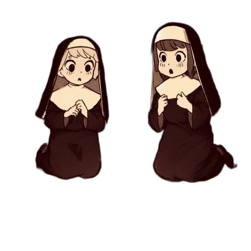 concept art, pixel art, anime, cartoon, monochrome, dark, two, nuns transparent PNG cut-out
