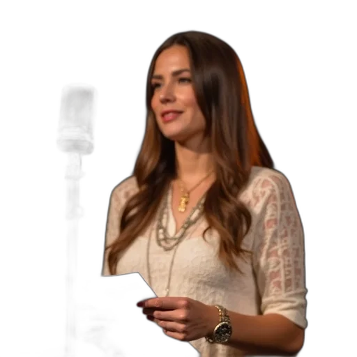 staff, woman, long, hair, standing, front, microphone, holding transparent PNG cut-out