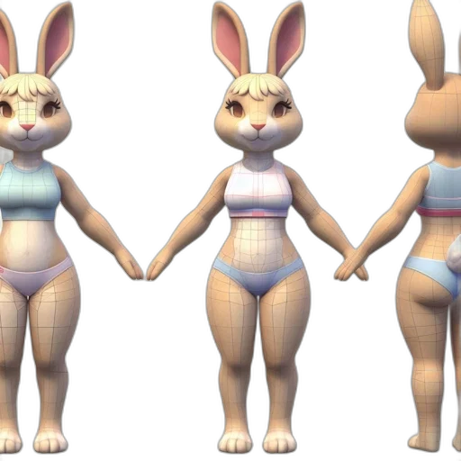 3d render, concept art, pixel art, pastel, model, anthropomorphic, rabbit, three transparent PNG cut-out