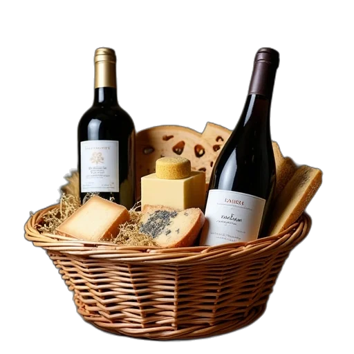 food, wine, basket, cheeses transparent PNG cut-out