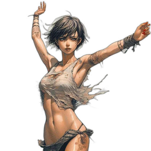 concept art, comic book art, fantasy art, cyberpunk, woman, tattered, grey, top transparent PNG cut-out