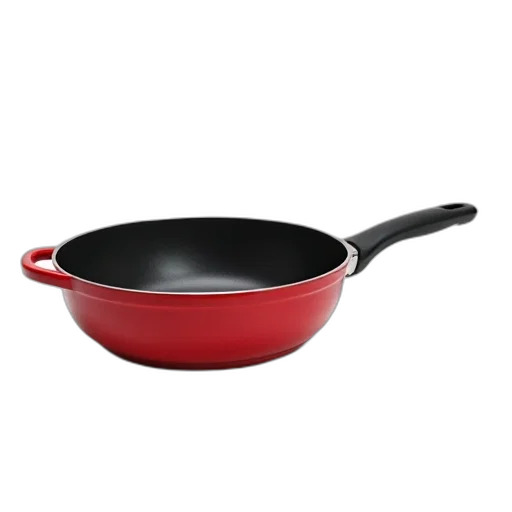 food, weapon, 3d render, red, black, frying, pan, handle transparent PNG cut-out