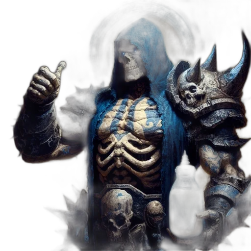 concept art, fantasy art, comic book art, photorealistic, blue, dark, monochrome, skeletal transparent PNG cut-out