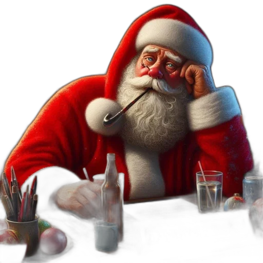 concept art, photorealistic, 3d render, santa, claus, sits, cluttered, desk transparent PNG cut-out