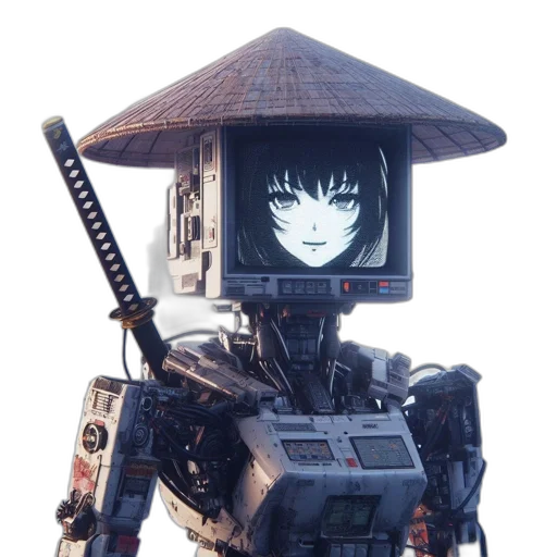 robot, staff, weapon, mask, cyberpunk, concept art, 3d render, vaporwave transparent PNG cut-out