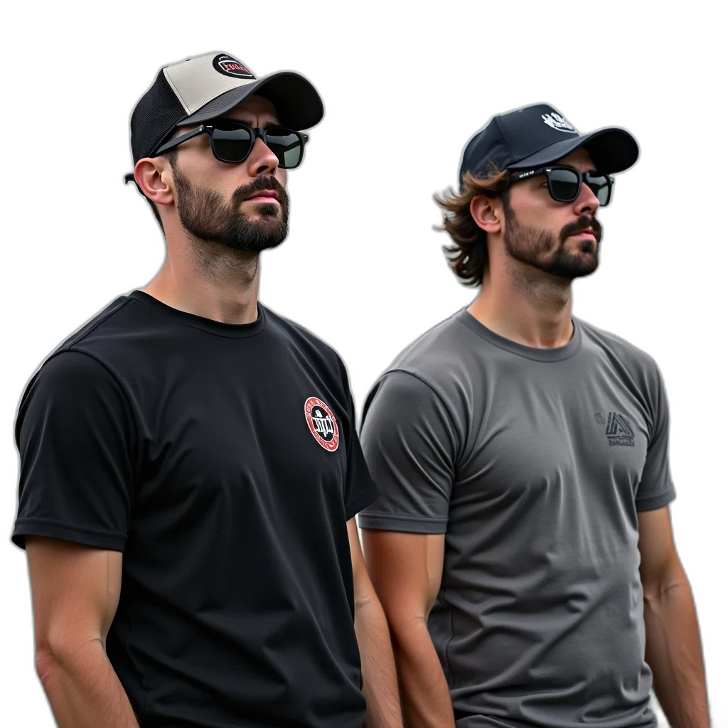 two, men, standing, outdoors, one, wearing, black, t-shirt transparent PNG cut-out