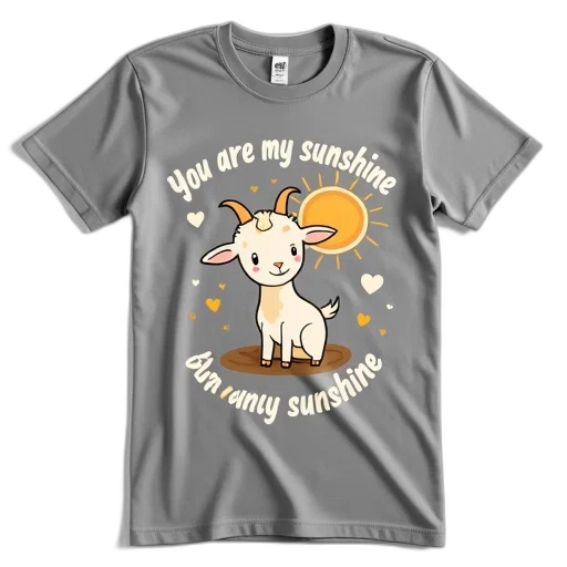 grey, t-shirt, cartoon, goat, character, center, surrounded, sun transparent PNG cut-out