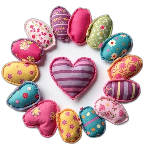collection, colorful, heart-shaped, egg-shaped, fabric, patches, various, designs transparent PNG cut-out