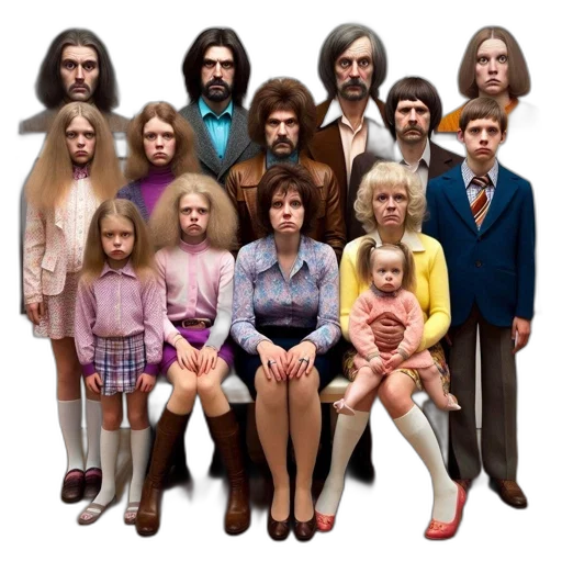 concept art, serious, formal, family, portrait, 70s, 80s, adults transparent PNG cut-out