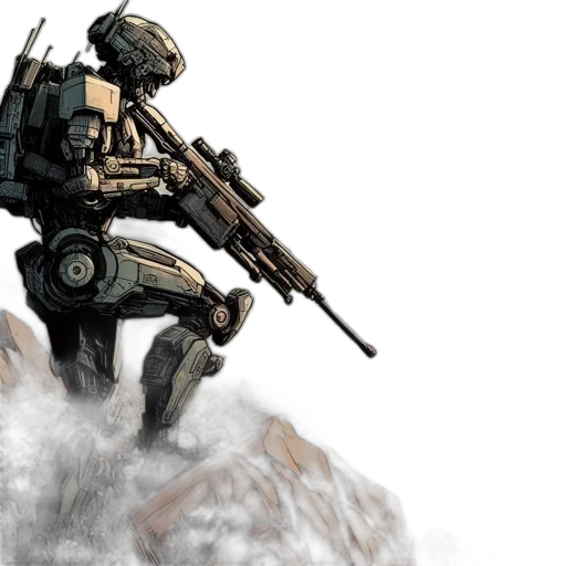 robot, weapon, concept art, pixel art, fantasy art, comic book art, outer space, earth tones transparent PNG cut-out