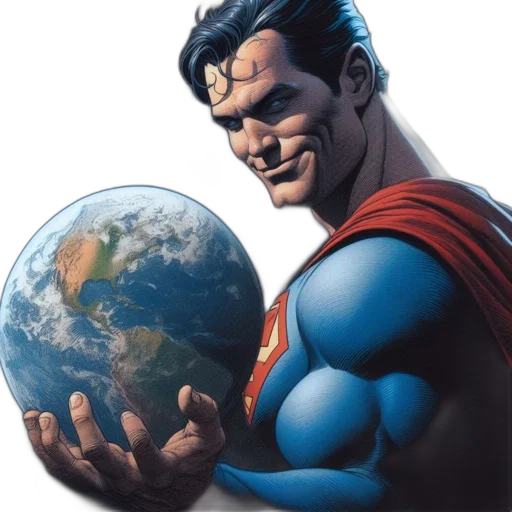 comic book art, concept art, superman, holds, earth, one, hand, against transparent PNG cut-out