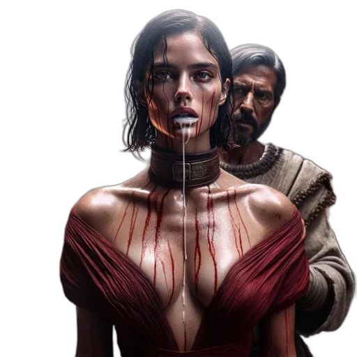 concept art, comic book art, fantasy art, photorealistic, woman, stained, clothes, stands transparent PNG cut-out