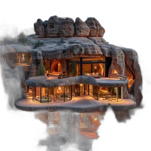 building, concept art, 3d render, photorealistic, fantasy art, fog, fire, night transparent PNG cut-out