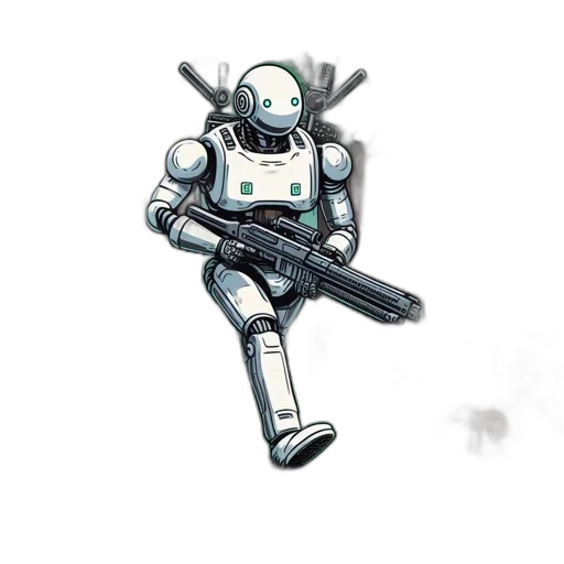 robot, weapon, staff, jacket, concept art, pixel art, comic book art, cyberpunk transparent PNG cut-out