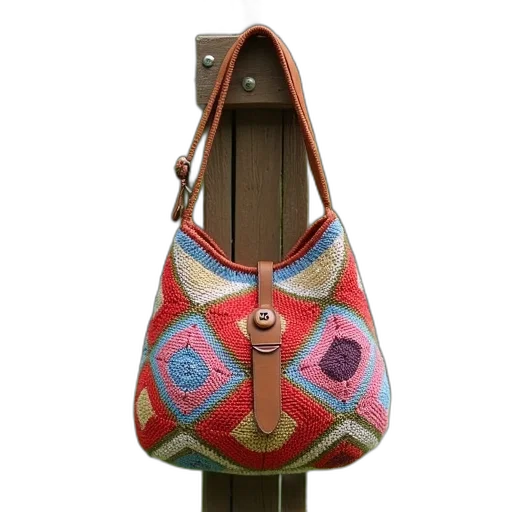 shoes, crocheted, handbag, colorful, geometric, pattern, hanging, wooden transparent PNG cut-out