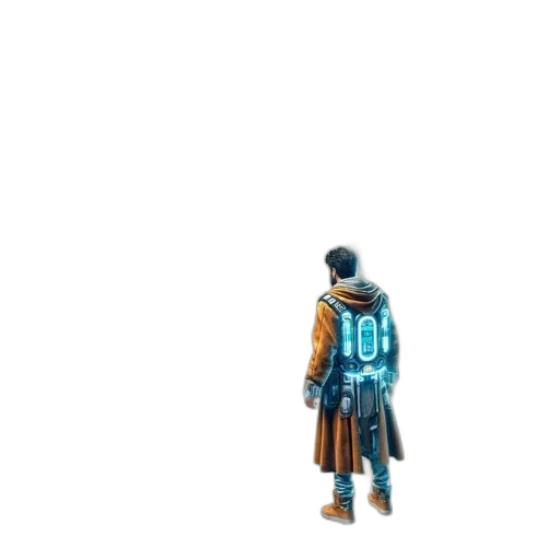 jacket, weapon, staff, sword, pixel art, concept art, 3d render, cyberpunk transparent PNG cut-out