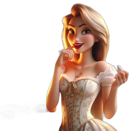 dress, 3d render, cartoon, photorealistic, concept art, animated, woman, golden transparent PNG cut-out
