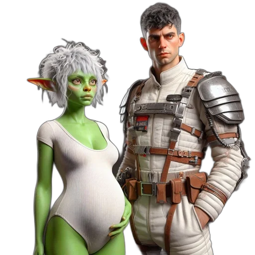 concept art, fantasy art, 3d render, comic book art, outer space, green, pregnant, green-skinned transparent PNG cut-out