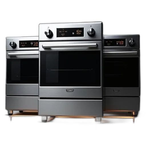 3d render, set, three, stainless, steel, ovens, digital, displays transparent PNG cut-out