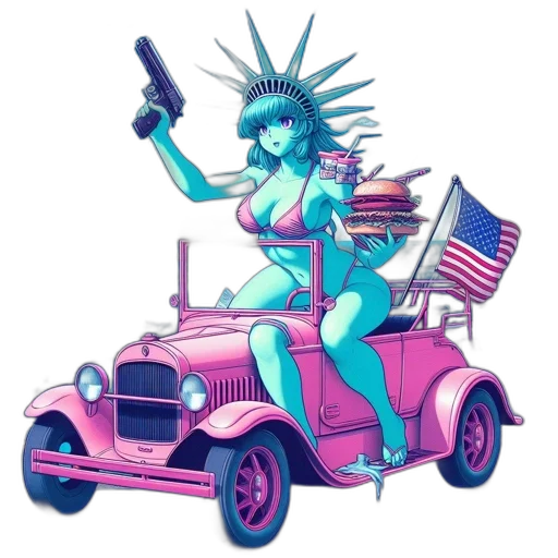 car, weapon, robot, vaporwave, cyberpunk, concept art, pixel art, vibrant transparent PNG cut-out