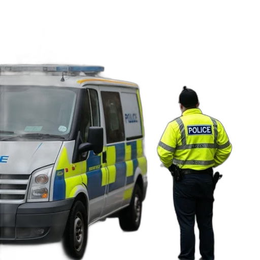 staff, weapon, police, officer, yellow, jacket, standing, next transparent PNG cut-out