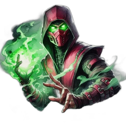 mask, staff, concept art, fantasy art, comic book art, pixel art, green, hooded transparent PNG cut-out