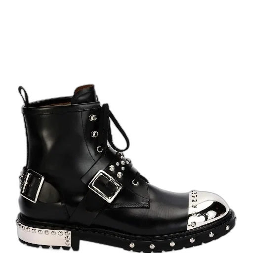 shoes, black, leather, boot, silver, studded, accents, metal transparent PNG cut-out