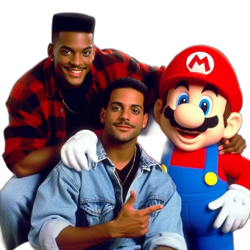 two, men, sit, beside, life-sized, mario, statue, living transparent PNG cut-out