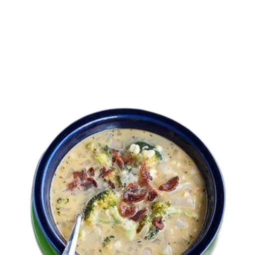food, photorealistic, earth tones, bowl, creamy, soup, broccoli, bacon transparent PNG cut-out