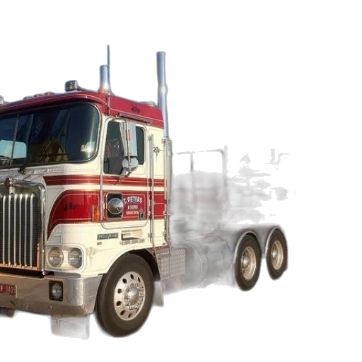 photorealistic, 3d render, concept art, red, white, kenworth, truck, parked transparent PNG cut-out
