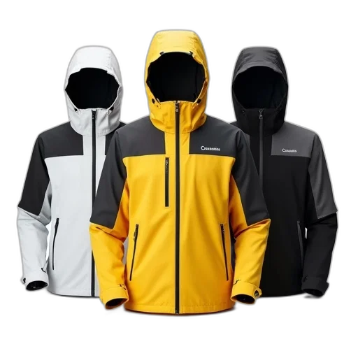 jacket, monochrome, neon, collection, three, jackets, displayed, against transparent PNG cut-out