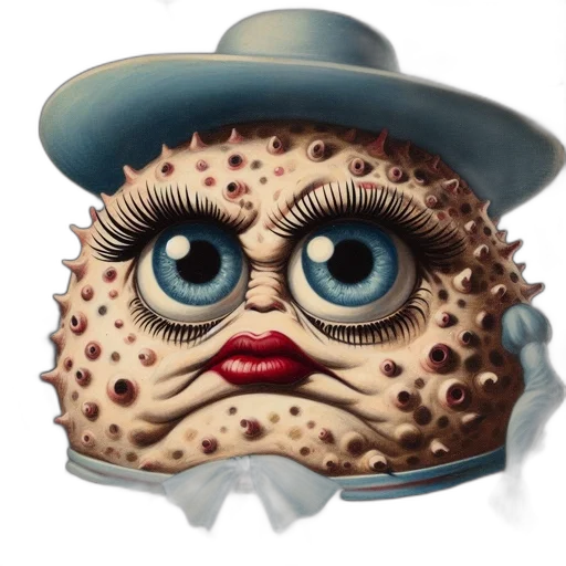 mask, creature, face, hat, concept art, 3d render, pinkish-brown, blue transparent PNG cut-out