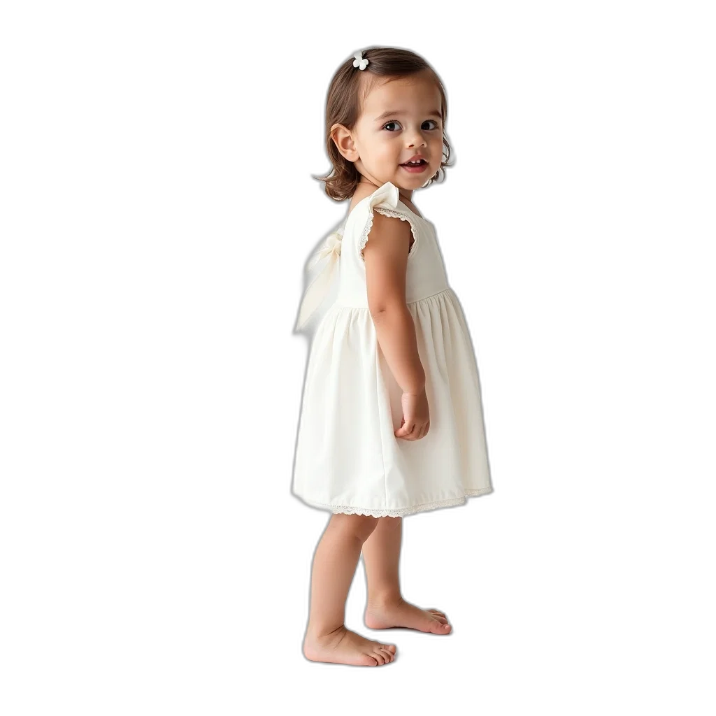 dress, photorealistic, toddler, white, bow, shoulder, standing, front transparent PNG cut-out