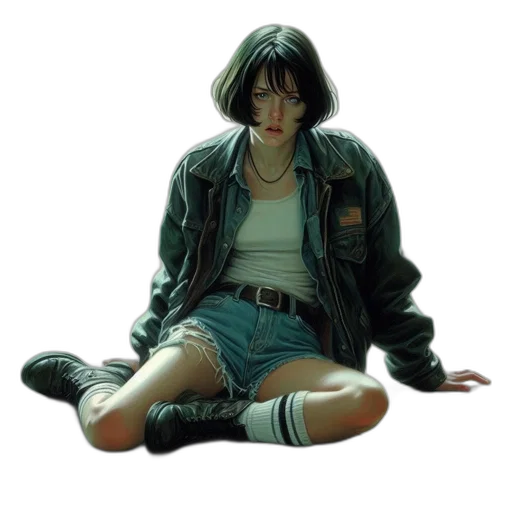 jacket, creature, face, weapon, concept art, cyberpunk, comic book art, photorealistic transparent PNG cut-out