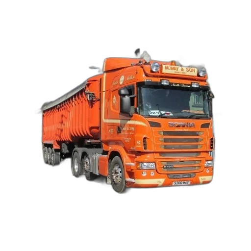 photorealistic, 3d render, orange, scania, truck, parked, street, front transparent PNG cut-out