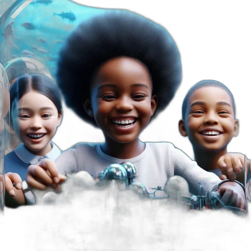 photorealistic, inside, transparent, dome, animated, children, observe, glowing transparent PNG cut-out