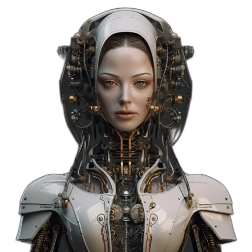 robot, face, jacket, dress, concept art, cyberpunk, 3d render, photorealistic transparent PNG cut-out