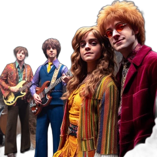 photorealistic, four, musicians, pose, together, old, room, one transparent PNG cut-out