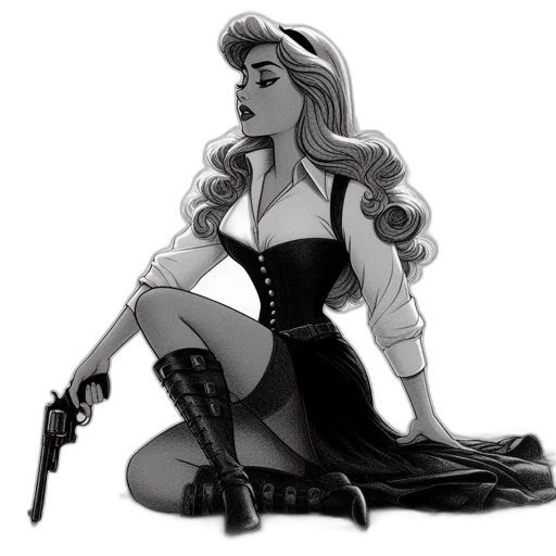 dress, comic book art, cartoon, concept art, fantasy art, monochrome, dark, elegant transparent PNG cut-out