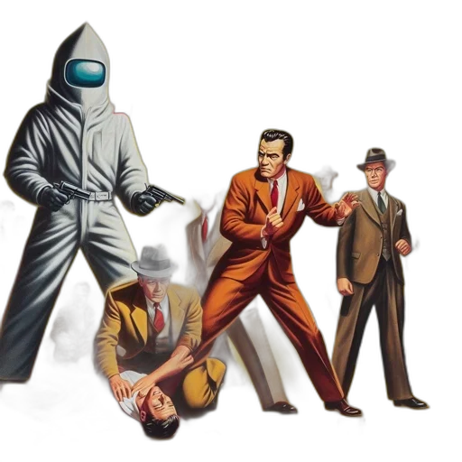 mask, jacket, weapon, staff, concept art, comic book art, city street, poster transparent PNG cut-out