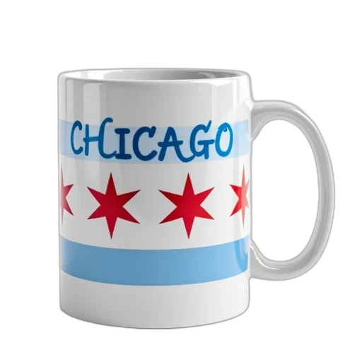 white, coffee, mug, city, chicago, flag, design, features transparent PNG cut-out