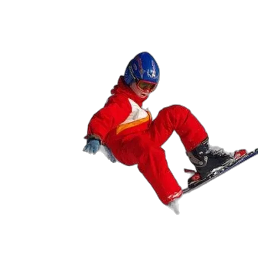 staff, child, red, snowsuit, blue, helmet, skis, down transparent PNG cut-out